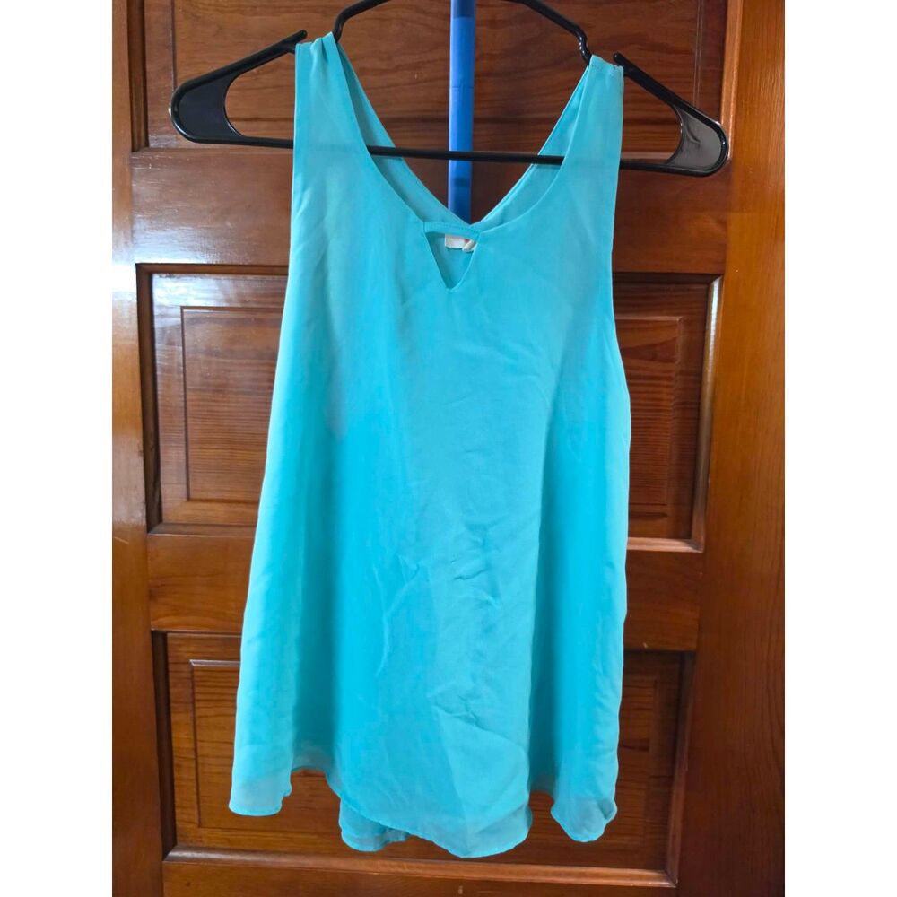 EM Women’s Small Turquoise Sleeveless Shift Dress V Neck Pockets Flowy